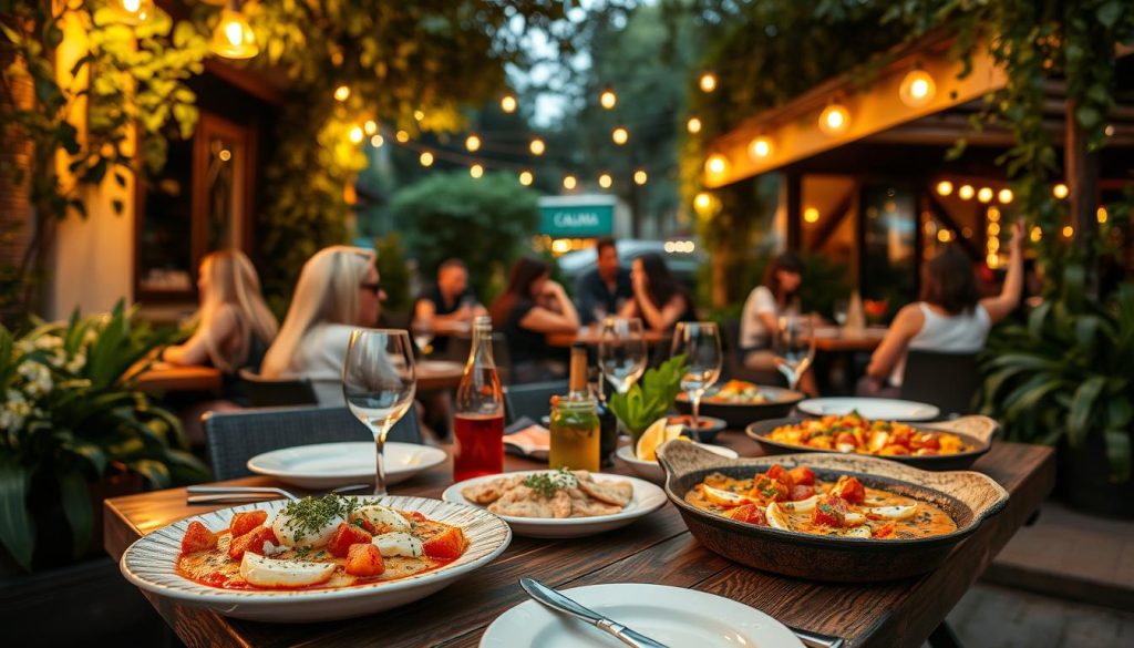 A vibrant outdoor dining scene at the CALMA restaurant in Gothenburg, Sweden. Lush greenery and warm lighting create a cozy, inviting atmosphere. Plates of authentic Spanish tapas and paella are arranged on rustic wooden tables, while guests converse and enjoy the evening ambiance. The focus is on the high-quality, flavorful dishes that capture the essence of Spanish cuisine. A gentle breeze flows through the space, adding to the soothing, relaxed mood. The image should convey a sense of elevated culinary experiences beyond just the food, reflecting the "Upplevelser utöver Mat" section of the article. A vibrant outdoor dining scene at the CALMA restaurant in Gothenburg, Sweden. Lush greenery and warm lighting create a cozy, inviting atmosphere. Plates of authentic Spanish tapas and paella are arranged on rustic wooden tables, while guests converse and enjoy the evening ambiance. The focus is on the high-quality, flavorful dishes that capture the essence of Spanish cuisine. A gentle breeze flows through the space, adding to the soothing, relaxed mood. The image should convey a sense of elevated culinary experiences beyond just the food, reflecting the "Upplevelser utöver Mat" section of the article.