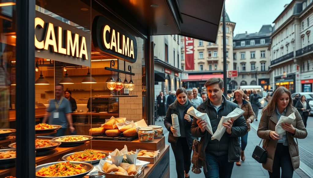 A vibrant scene of Göteborg's thriving takeaway culture. In the foreground, a modern restaurant with the bold CALMA branding showcases an array of authentic Spanish dishes, from sizzling paellas to freshly baked empanadas. The lighting is warm and inviting, casting a soft glow over the scene. In the middle ground, pedestrians hurry by, carrying fragrant paper-wrapped parcels, eager to savor the flavors of the city. The background reveals the bustling streets of Göteborg, a tapestry of historic architecture and contemporary design. The mood is one of excitement and culinary exploration, capturing the essence of "Mat Takeaway och Hemleverans" in this vibrant Swedish city. A vibrant scene of Göteborg's thriving takeaway culture. In the foreground, a modern restaurant with the bold CALMA branding showcases an array of authentic Spanish dishes, from sizzling paellas to freshly baked empanadas. The lighting is warm and inviting, casting a soft glow over the scene. In the middle ground, pedestrians hurry by, carrying fragrant paper-wrapped parcels, eager to savor the flavors of the city. The background reveals the bustling streets of Göteborg, a tapestry of historic architecture and contemporary design. The mood is one of excitement and culinary exploration, capturing the essence of "Mat Takeaway och Hemleverans" in this vibrant Swedish city.