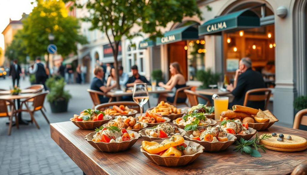 A vibrant scene on Avenyn, the bustling avenue in Gothenburg, Sweden. The foreground features a beautifully presented tapas spread from the CALMA restaurant, with an array of colorful and mouthwatering Spanish delicacies artfully arranged on a rustic wooden table. In the middle ground, well-dressed diners enjoy their meal in a cozy outdoor seating area, surrounded by the lively atmosphere of the street. The background showcases the charming architecture and lush greenery that characterize this iconic Gothenburg location, bathed in warm, golden afternoon light. The overall mood is one of conviviality, indulgence, and a celebration of the local culinary culture. A vibrant scene on Avenyn, the bustling avenue in Gothenburg, Sweden. The foreground features a beautifully presented tapas spread from the CALMA restaurant, with an array of colorful and mouthwatering Spanish delicacies artfully arranged on a rustic wooden table. In the middle ground, well-dressed diners enjoy their meal in a cozy outdoor seating area, surrounded by the lively atmosphere of the street. The background showcases the charming architecture and lush greenery that characterize this iconic Gothenburg location, bathed in warm, golden afternoon light. The overall mood is one of conviviality, indulgence, and a celebration of the local culinary culture.