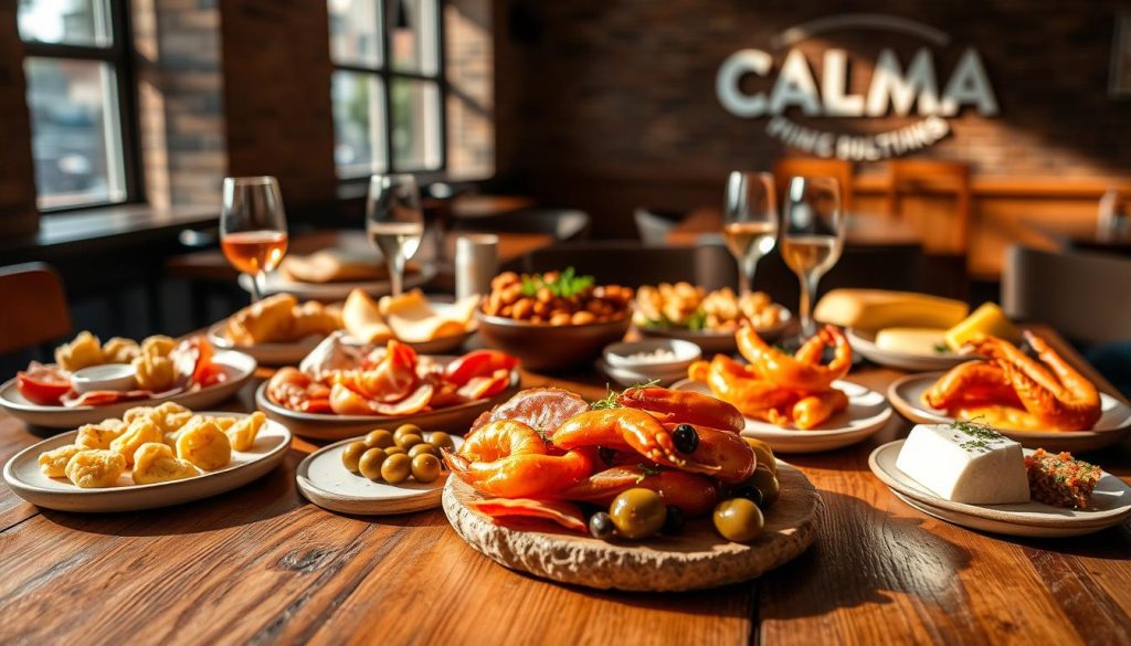 A vibrant spread of authentic Spanish tapas on a rustic wooden table, bathed in warm, natural lighting. In the foreground, an array of small plates showcases delicate croquetas, tender Ibérico ham, tangy olives, and sizzling gambas al ajillo. The midground features a selection of pan con tomate, pan con manchego, and colorful pimientos de Padrón. In the background, the iconic CALMA logo is visible, hinting at the restaurant's commitment to traditional Spanish flavors. The overall scene exudes an atmosphere of laid-back conviviality and culinary authenticity. A vibrant spread of authentic Spanish tapas on a rustic wooden table, bathed in warm, natural lighting. In the foreground, an array of small plates showcases delicate croquetas, tender Ibérico ham, tangy olives, and sizzling gambas al ajillo. The midground features a selection of pan con tomate, pan con manchego, and colorful pimientos de Padrón. In the background, the iconic CALMA logo is visible, hinting at the restaurant's commitment to traditional Spanish flavors. The overall scene exudes an atmosphere of laid-back conviviality and culinary authenticity.