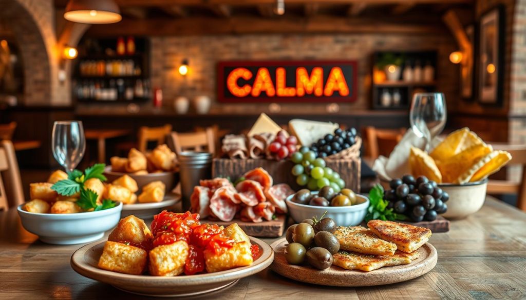 A vibrant still life of traditional Spanish tapas dishes, artfully arranged on a wooden table against a CALMA restaurant backdrop. The foreground features an array of colorful appetizers - croquetas, patatas bravas, pan con tomate, and marinated olives. The middle ground showcases a charcuterie board with cured meats, manchego cheese, and grapes. The background hints at the rustic, cozy ambiance of the CALMA establishment, with warm lighting, exposed beams, and terracotta accents. The scene is shot with a shallow depth of field, creating a soft, inviting focus on the delectable tapas. An authentic representation of the classic Spanish dining experience.