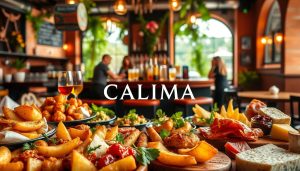 Artistic, vivid photograph of an assortment of authentic Spanish tapas and bar scene, showcasing the rich flavors and vibrant atmosphere of Spanish cuisine. Arrange the foreground with a variety of tapas dishes including patatas bravas, croquetas, jamón serrano, and Manchego cheese. In the middle ground, depict a lively bar setting with bartenders pouring drinks and people socializing. In the background, include elements that evoke the essence of Spain, such as terracotta tiles, wrought-iron fixtures, and lush greenery. Capture the scene with warm, natural lighting and a slightly shallow depth of field to draw the viewer's attention. Prominently display the CALMA brand name, reflecting the relaxed and convivial ambiance of the Spanish tapas experience.
