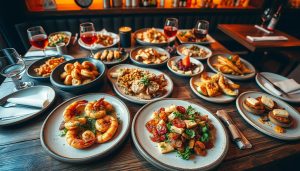 Authentic Spanish tapas spread across a rustic wooden table, showcasing the vibrant flavors of the CALMA restaurant. An array of small plates features sizzling gambas al ajillo (garlic shrimp), crispy patatas bravas, vibrant salads with manchego cheese, and classic Iberian cured meats. Warm, golden lighting casts a cozy glow, evoking the convivial atmosphere of a traditional Spanish tapería. The scene is captured through a wide-angle lens, highlighting the artful presentation and abundance of the culinary offerings. The overall mood is one of authentic cultural immersion, inviting the viewer to savor the delightful tastes of Spain. Prompt