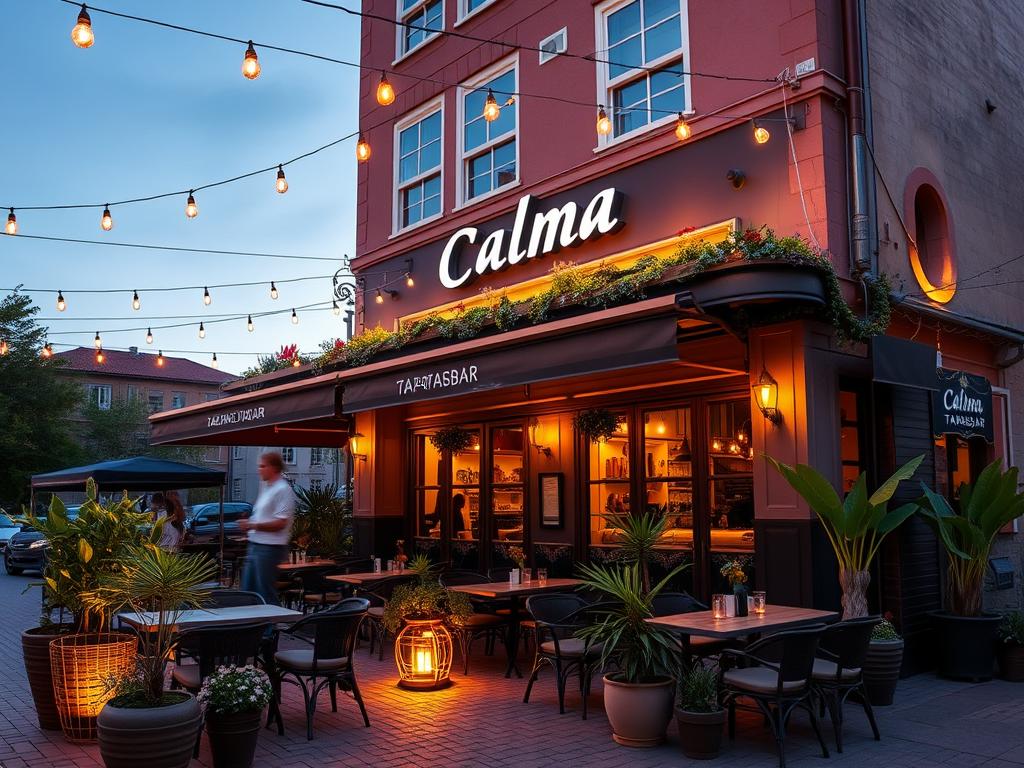 Calma Tapasbar's uteservering i Göteborg med vackra dekorationer och mysig belysning
