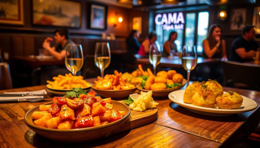 Crisp, tantalizing dishes arranged elegantly on a rustic wooden table, surrounded by the cozy ambiance of CALMA Bar. Vibrant tapas - sizzling patatas bravas, glistening gambas al ajillo, and creamy croquetas - taking center stage. Warm lighting casts a golden glow, complemented by the inviting atmosphere of the Spanish eatery. In the background, a hint of conversation and laughter add to the lively yet intimate mood. Capturing the essence of a traditional tapas meny, this captivating scene invites viewers to immerse themselves in the flavors and culture of Spain.