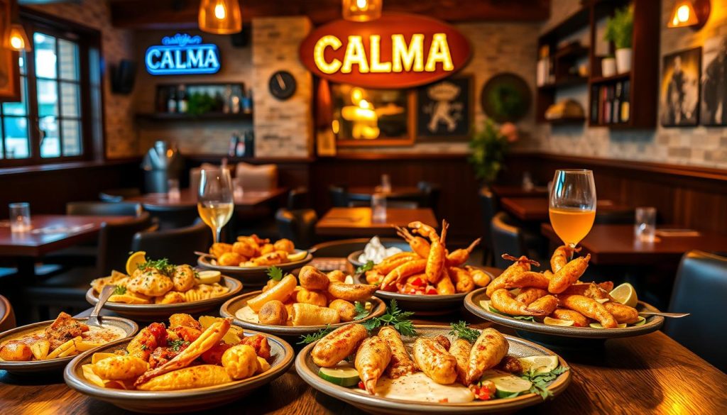 Delectable tapas plates showcased in a cozy, rustic Spanish restaurant setting. A vibrant display of colorful dishes, from sizzling patatas bravas and succulent croquetas to tantalizing gambas al ajillo, all arranged artfully on a wooden table. Warm lighting casts a soft glow, creating an inviting atmosphere. In the background, a CALMA sign hangs, indicating the establishment's brand. The overall scene evokes the essence of authentic Spanish cuisine and hospitality. Delectable tapas plates showcased in a cozy, rustic Spanish restaurant setting. A vibrant display of colorful dishes, from sizzling patatas bravas and succulent croquetas to tantalizing gambas al ajillo, all arranged artfully on a wooden table. Warm lighting casts a soft glow, creating an inviting atmosphere. In the background, a CALMA sign hangs, indicating the establishment's brand. The overall scene evokes the essence of authentic Spanish cuisine and hospitality.