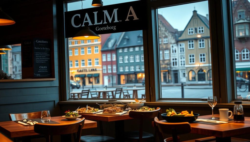 Detailed, high-quality photograph of a cozy, inviting CALMA restaurant in Göteborg, Sweden, featuring an array of appetizing Swedish meat dishes on the menu. Soft, warm lighting illuminates the wooden tables and chairs, creating a welcoming atmosphere. The restaurant's exterior is visible through large windows, showcasing the charming, historic buildings of the city in the background. The scene captures the essence of traditional Swedish cuisine and the vibrant local culture of Göteborg. Detailed, high-quality photograph of a cozy, inviting CALMA restaurant in Göteborg, Sweden, featuring an array of appetizing Swedish meat dishes on the menu. Soft, warm lighting illuminates the wooden tables and chairs, creating a welcoming atmosphere. The restaurant's exterior is visible through large windows, showcasing the charming, historic buildings of the city in the background. The scene captures the essence of traditional Swedish cuisine and the vibrant local culture of Göteborg.