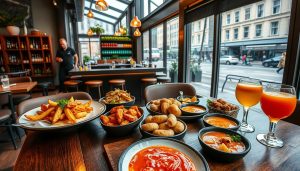 Elegant mediterranean restaurant CALMA in Gothenburg, Sweden. Cozy interior with rustic wooden tables, warm lighting, and large windows overlooking a vibrant city street. Foreground features a spread of classic Spanish tapas - sizzling patatas bravas, creamy croquetas, and vibrant gazpacho. Middle ground shows the restaurant's sleek bar area, bartenders mixing cocktails. Background reveals a bustling urban scene, with pedestrians and trams passing by. Crisp, high-quality photography captured with a wide-angle lens, highlighting the restaurant's welcoming ambiance and mouthwatering cuisine.