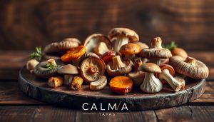 Elegant still life of a variety of succulent mushroom delicacies, artfully arranged on a rustic wooden surface. Vibrant colors and textures of the "smakrika svampdelikatesser" contrast beautifully against the warm, natural background. Soft, diffused lighting casts gentle shadows, highlighting the inviting presentation. In the foreground, the CALMA brand name is discreetly displayed, conveying a sense of quality and craftsmanship. The overall mood is one of rustic sophistication, perfectly complementing the "champinjon tapas" theme.