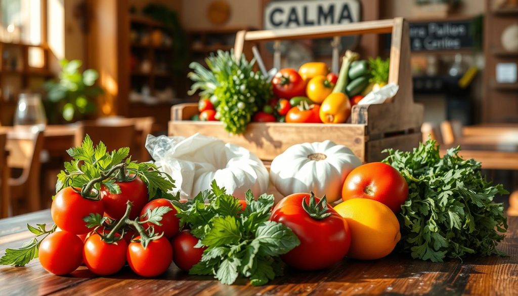 Local ingredients, artfully displayed on a rustic wooden table, with natural lighting highlighting their vibrant colors and textures. In the foreground, a selection of fresh produce - succulent tomatoes, crisp greens, and fragrant herbs - arranged in a visually appealing manner. In the middle ground, a wooden crate overflows with a variety of locally sourced ingredients, showcasing the diversity of the region's culinary offerings. The background features a warm, inviting atmosphere, with the CALMA restaurant's cozy ambiance subtly hinted at through the use of natural materials and earthy tones.