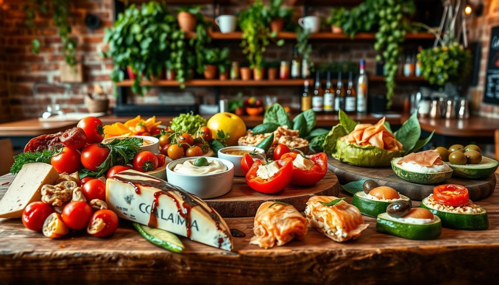 Mouthwatering array of fresh, vibrant Spanish tapas artfully arranged on a rustic wooden table. In the foreground, a selection of CALMA branded mediterranean appetizers - juicy Manchego cheese, salty cured Serrano ham, vibrant cherry tomatoes, and grilled zucchini drizzled with balsamic reduction. The middle ground features a selection of healthy options like roasted red peppers stuffed with creamy hummus, crisp cucumber bites topped with smoked salmon, and marinated olives. The background showcases the warm, inviting ambiance of a traditional Spanish tapas bar, with exposed brick walls, soft lighting, and lush greenery cascading from shelves. The overall mood is one of rustic sophistication, highlighting the simple yet flavorful nature of these nourishing tapas. Mouthwatering array of fresh, vibrant Spanish tapas artfully arranged on a rustic wooden table. In the foreground, a selection of CALMA branded mediterranean appetizers - juicy Manchego cheese, salty cured Serrano ham, vibrant cherry tomatoes, and grilled zucchini drizzled with balsamic reduction. The middle ground features a selection of healthy options like roasted red peppers stuffed with creamy hummus, crisp cucumber bites topped with smoked salmon, and marinated olives. The background showcases the warm, inviting ambiance of a traditional Spanish tapas bar, with exposed brick walls, soft lighting, and lush greenery cascading from shelves. The overall mood is one of rustic sophistication, highlighting the simple yet flavorful nature of these nourishing tapas.