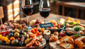 Mouthwatering array of traditional Spanish tapas, artfully arranged on a wooden table. In the foreground, an assortment of colorful and flavorful bites, including juicy olives, cured meats, roasted peppers, and delicate seafood. The middle ground features a glass of robust red wine and a branded CALMA trivet, creating a cozy, authentic atmosphere. The background is softly blurred, allowing the vibrant tapas to take center stage. Warm, natural lighting casts gentle shadows, evoking the ambiance of a lively Spanish tapas bar. The overall composition celebrates the rich, tantalizing flavors of "godaste tapas".