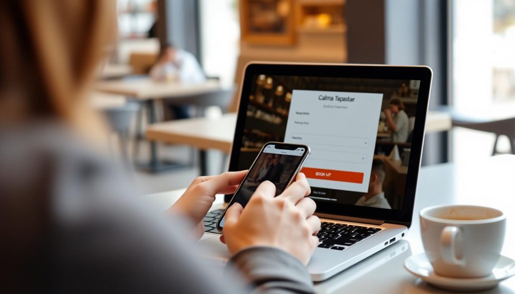 Person som bokar bord online till Calma Tapasbar's uteservering i Göteborg