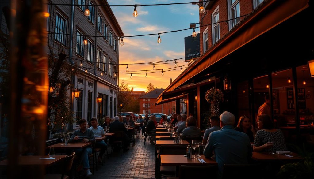 Solnedgång över Calma Tapasbar's uteservering i Göteborg med gäster som njuter av spansk mat och dryck