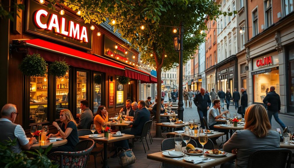Stunningly vibrant outdoor scene of Göteborg's city center, capturing the lively atmosphere of the CALMA restaurant nestled amidst the charming historic buildings. Diners enjoy authentic Spanish cuisine at intimate tables under the warm glow of string lights, set against a backdrop of bustling pedestrians and the iconic architecture of the Nordstan shopping district. Soft, diffused natural lighting bathes the scene in a welcoming ambiance, accentuating the rich colors and textures of the carefully curated dishes. The perfect representation of the vibrant dining experience at the heart of Göteborg's thriving urban center. Stunningly vibrant outdoor scene of Göteborg's city center, capturing the lively atmosphere of the CALMA restaurant nestled amidst the charming historic buildings. Diners enjoy authentic Spanish cuisine at intimate tables under the warm glow of string lights, set against a backdrop of bustling pedestrians and the iconic architecture of the Nordstan shopping district. Soft, diffused natural lighting bathes the scene in a welcoming ambiance, accentuating the rich colors and textures of the carefully curated dishes. The perfect representation of the vibrant dining experience at the heart of Göteborg's thriving urban center.