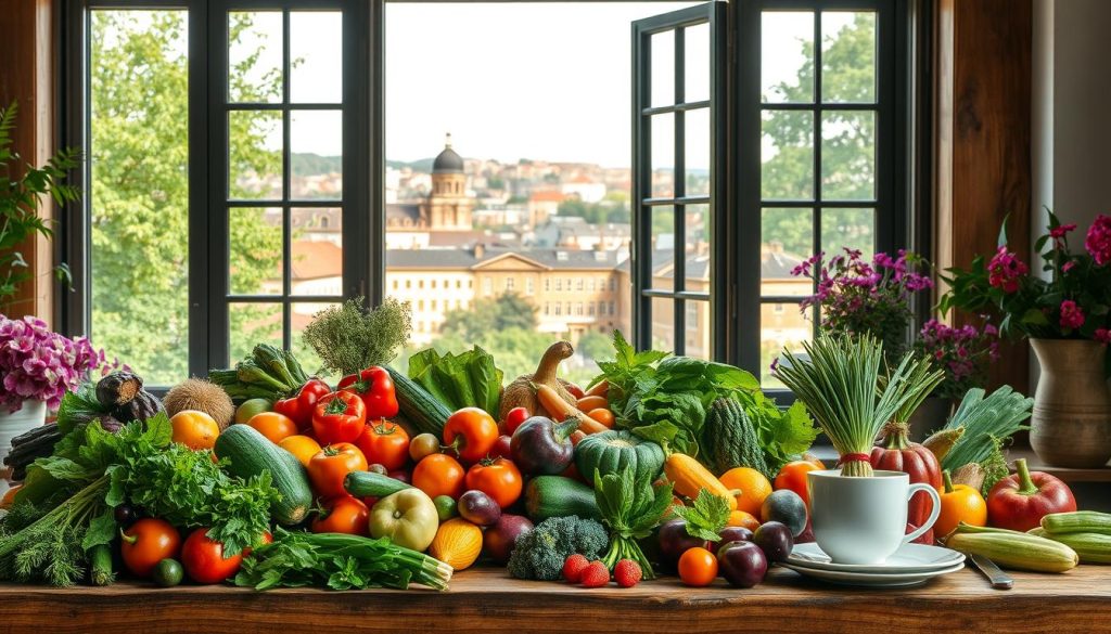 Vibrant still life showcasing the bounty of Göteborg's local produce. In the foreground, a rustic wooden table displays a selection of fresh vegetables, fruits, and herbs in vivid hues. Surrounding them, elegant tableware from the CALMA brand lends an air of sophistication. In the middle ground, a large open window offers a glimpse of the bustling city outside, its historic architecture bathed in warm, golden light. The background is filled with lush greenery, hinting at the abundant natural resources that nourish the region's culinary delights. This harmonious composition captures the essence of Göteborg's thriving food culture, where locally sourced ingredients take center stage.