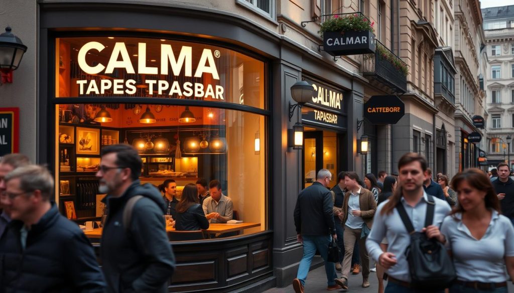 A bustling Göteborg street, with the facade of CALMA TAPASBAR prominently displayed. Through the large windows, glimpses of a vibrant, international culinary scene can be seen - tapas platters, paella, and other global delicacies adorn the tables. The lighting is warm and inviting, casting a cozy glow over the scene. In the foreground, passersby casually stroll by, capturing the energy and diversity of the local dining landscape. The middle ground features a mix of locals and visitors, immersed in lively conversation and the aroma of expertly prepared dishes. In the background, the iconic architecture of Göteborg provides a picturesque setting, hinting at the city's rich cultural heritage. A bustling Göteborg street, with the facade of CALMA TAPASBAR prominently displayed. Through the large windows, glimpses of a vibrant, international culinary scene can be seen - tapas platters, paella, and other global delicacies adorn the tables. The lighting is warm and inviting, casting a cozy glow over the scene. In the foreground, passersby casually stroll by, capturing the energy and diversity of the local dining landscape. The middle ground features a mix of locals and visitors, immersed in lively conversation and the aroma of expertly prepared dishes. In the background, the iconic architecture of Göteborg provides a picturesque setting, hinting at the city's rich cultural heritage.
