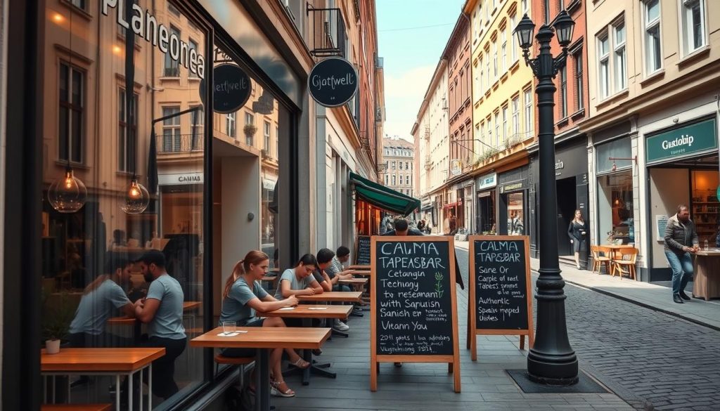 A bustling city street in Gothenburg, Sweden, showcasing the vibrant vegetarian and vegan dining scene. In the foreground, a modern, minimalist cafe with a large storefront window displays a vibrant green plant-based menu. Customers can be seen enjoying their meals at sleek wooden tables, bathed in warm natural light. In the middle ground, a chalkboard sign advertises "CALMA TAPASBAR," a cozy tapas restaurant specializing in authentic Spanish-inspired vegan dishes. In the background, cobblestone streets are lined with independent shops and cafes, all contributing to the lively, sustainable atmosphere of this progressive city. A bustling city street in Gothenburg, Sweden, showcasing the vibrant vegetarian and vegan dining scene. In the foreground, a modern, minimalist cafe with a large storefront window displays a vibrant green plant-based menu. Customers can be seen enjoying their meals at sleek wooden tables, bathed in warm natural light. In the middle ground, a chalkboard sign advertises "CALMA TAPASBAR," a cozy tapas restaurant specializing in authentic Spanish-inspired vegan dishes. In the background, cobblestone streets are lined with independent shops and cafes, all contributing to the lively, sustainable atmosphere of this progressive city.