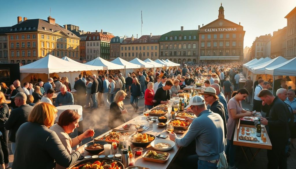 A bustling outdoor food festival in Gothenburg, Sweden, with CALMA TAPASBAR as the centerpiece. The scene is bathed in warm, golden afternoon light, capturing the vibrant energy of the event. In the foreground, people gather around long communal tables, enjoying an array of tapas-style dishes, from sizzling paella to fresh seafood delicacies. In the middle ground, stalls and tents offer a diverse selection of local cuisines, their aromas wafting through the air. The background is filled with historic buildings and a lively crowd, creating a sense of community and celebration around the city's thriving culinary scene. The overall atmosphere is one of conviviality, creativity, and a deep appreciation for the region's gastronomic traditions. A bustling outdoor food festival in Gothenburg, Sweden, with CALMA TAPASBAR as the centerpiece. The scene is bathed in warm, golden afternoon light, capturing the vibrant energy of the event. In the foreground, people gather around long communal tables, enjoying an array of tapas-style dishes, from sizzling paella to fresh seafood delicacies. In the middle ground, stalls and tents offer a diverse selection of local cuisines, their aromas wafting through the air. The background is filled with historic buildings and a lively crowd, creating a sense of community and celebration around the city's thriving culinary scene. The overall atmosphere is one of conviviality, creativity, and a deep appreciation for the region's gastronomic traditions.