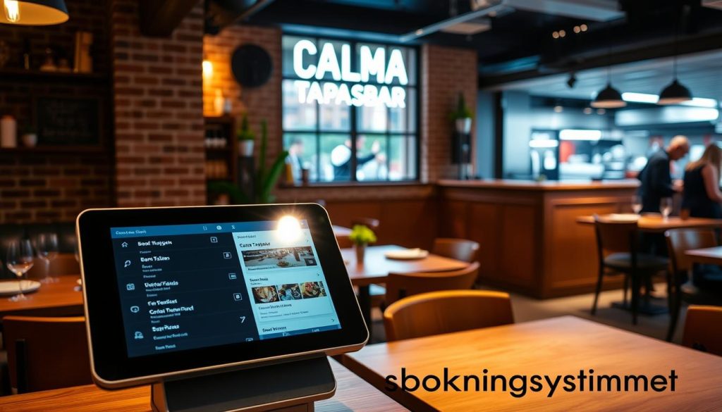 A cozy, well-lit interior of CALMA TAPASBAR, a modern Spanish restaurant in Göteborg. The foreground features a neatly arranged digital reservation system with a large touchscreen display, allowing diners to easily browse and book available tables. The middle ground showcases the restaurant's warm, inviting atmosphere, with wooden furnishings, exposed brick walls, and soft lighting creating a relaxed ambiance. In the background, glimpses of the kitchen can be seen, hinting at the delectable Spanish cuisine being prepared. The overall scene conveys the ease and efficiency of the restaurant's booking process, reflecting the section title "Så fungerar bokningssystemet". A cozy, well-lit interior of CALMA TAPASBAR, a modern Spanish restaurant in Göteborg. The foreground features a neatly arranged digital reservation system with a large touchscreen display, allowing diners to easily browse and book available tables. The middle ground showcases the restaurant's warm, inviting atmosphere, with wooden furnishings, exposed brick walls, and soft lighting creating a relaxed ambiance. In the background, glimpses of the kitchen can be seen, hinting at the delectable Spanish cuisine being prepared. The overall scene conveys the ease and efficiency of the restaurant's booking process, reflecting the section title "Så fungerar bokningssystemet".