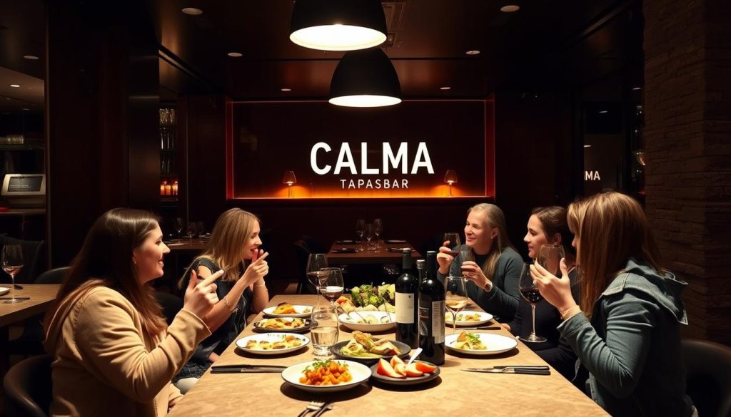 A sleek, modern interior of CALMA TAPASBAR, a cozy Spanish restaurant in Göteborg. The dimly lit space is filled with the aroma of sizzling tapas and the clinking of wine glasses. Elegant wood and stone accents create a warm, intimate ambiance. In the center, a group of friends are gathered around a table, enjoying a lively dinner party complete with colorful dishes, lively conversation, and a bottle of red wine. The lighting casts a soft, inviting glow, drawing the eye to the delectable food and the social atmosphere. This inviting scene captures the essence of a special dining experience at CALMA TAPASBAR. A sleek, modern interior of CALMA TAPASBAR, a cozy Spanish restaurant in Göteborg. The dimly lit space is filled with the aroma of sizzling tapas and the clinking of wine glasses. Elegant wood and stone accents create a warm, intimate ambiance. In the center, a group of friends are gathered around a table, enjoying a lively dinner party complete with colorful dishes, lively conversation, and a bottle of red wine. The lighting casts a soft, inviting glow, drawing the eye to the delectable food and the social atmosphere. This inviting scene captures the essence of a special dining experience at CALMA TAPASBAR.