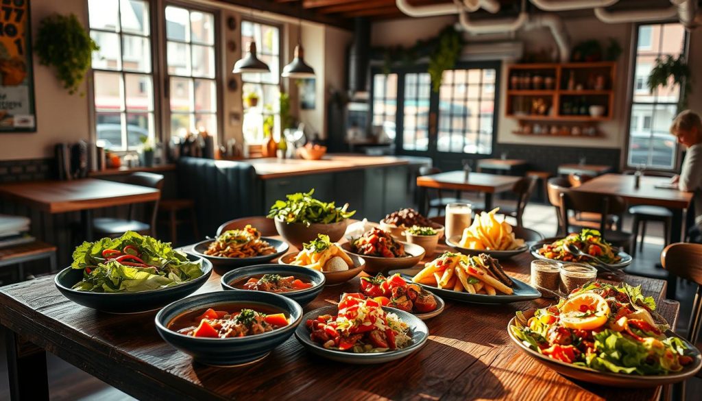 A vibrant scene at CALMA TAPASBAR, a cozy vegan restaurant in Gothenburg. In the foreground, a rustic wooden table is adorned with an array of colorful plant-based dishes - hearty stews, crisp salads, and artfully plated tapas. Soft natural lighting illuminates the scene, casting warm shadows and highlighting the fresh ingredients. In the background, a lively open kitchen bustles with activity, while large windows offer a glimpse of the charming neighborhood outside. The overall atmosphere is one of balance, harmony, and a celebration of the vibrant flavors of plant-based cuisine. A vibrant scene at CALMA TAPASBAR, a cozy vegan restaurant in Gothenburg. In the foreground, a rustic wooden table is adorned with an array of colorful plant-based dishes - hearty stews, crisp salads, and artfully plated tapas. Soft natural lighting illuminates the scene, casting warm shadows and highlighting the fresh ingredients. In the background, a lively open kitchen bustles with activity, while large windows offer a glimpse of the charming neighborhood outside. The overall atmosphere is one of balance, harmony, and a celebration of the vibrant flavors of plant-based cuisine.