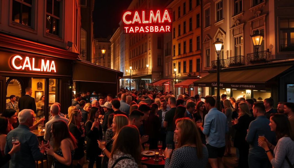 A bustling nightlife scene in the heart of Gothenburg's vibrant city center. The iconic CALMA TAPASBAR, its neon sign casting a warm glow, is surrounded by a lively crowd spilling out onto the cobblestone streets. In the foreground, groups of friends sip craft cocktails and share plates of authentic Spanish tapas. The middle ground features a mix of trendy locals and international visitors, their laughter and conversation creating a lively atmosphere. In the background, the historic architecture of the surrounding buildings is illuminated by a mix of street lamps and soft ambient lighting, casting long shadows and adding depth to the scene. The overall mood is one of energy, sophistication, and a celebration of Gothenburg's thriving nightlife. A bustling nightlife scene in the heart of Gothenburg's vibrant city center. The iconic CALMA TAPASBAR, its neon sign casting a warm glow, is surrounded by a lively crowd spilling out onto the cobblestone streets. In the foreground, groups of friends sip craft cocktails and share plates of authentic Spanish tapas. The middle ground features a mix of trendy locals and international visitors, their laughter and conversation creating a lively atmosphere. In the background, the historic architecture of the surrounding buildings is illuminated by a mix of street lamps and soft ambient lighting, casting long shadows and adding depth to the scene. The overall mood is one of energy, sophistication, and a celebration of Gothenburg's thriving nightlife.
