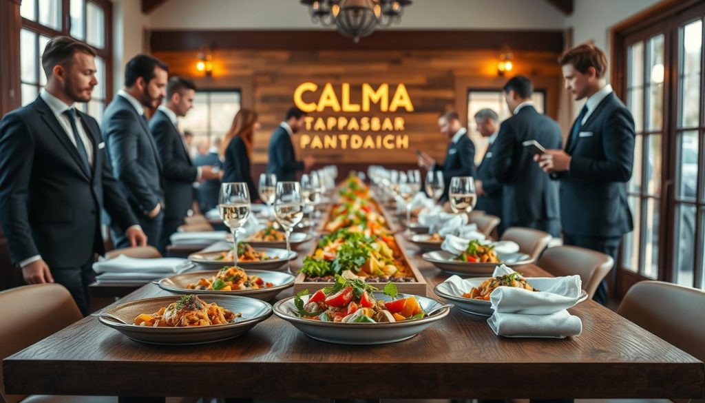 A cozy and inviting catering scene in Göteborg, Sweden. Delectable Spanish-inspired dishes are beautifully presented on a long wooden table, accented by crisp white linens and rustic tableware. In the background, the CALMA TAPASBAR logo is prominently displayed, conveying a sense of authentic, high-quality catering services. Warm, natural lighting filters through large windows, creating a relaxed and welcoming atmosphere. Servers in smart uniforms move gracefully, attending to the needs of the well-dressed guests enjoying a leisurely corporate lunch. The overall mood is one of refined elegance and impeccable culinary execution. A cozy and inviting catering scene in Göteborg, Sweden. Delectable Spanish-inspired dishes are beautifully presented on a long wooden table, accented by crisp white linens and rustic tableware. In the background, the CALMA TAPASBAR logo is prominently displayed, conveying a sense of authentic, high-quality catering services. Warm, natural lighting filters through large windows, creating a relaxed and welcoming atmosphere. Servers in smart uniforms move gracefully, attending to the needs of the well-dressed guests enjoying a leisurely corporate lunch. The overall mood is one of refined elegance and impeccable culinary execution.