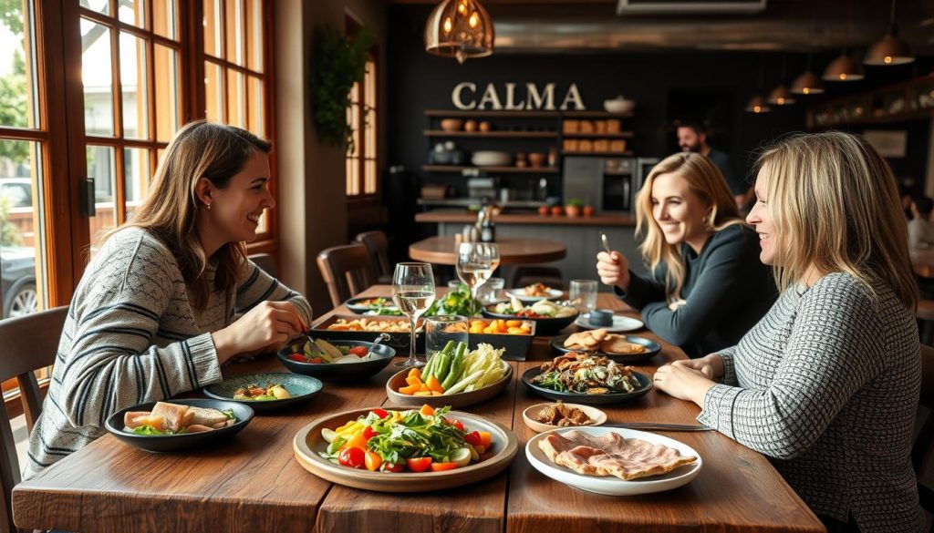 A cozy and inviting family-friendly lunch setting in a modern Spanish-inspired restaurant called CALMA TAPASBAR. A rustic wooden table is set with an array of tapas-style dishes, including colorful vegetables, cured meats, and artisanal breads. Soft natural lighting filters through large windows, creating a warm and welcoming atmosphere. In the background, a glimpse of the bustling open kitchen adds to the lively ambiance. The scene conveys a sense of shared enjoyment and quality time spent together over a delightful midday meal. A cozy and inviting family-friendly lunch setting in a modern Spanish-inspired restaurant called CALMA TAPASBAR. A rustic wooden table is set with an array of tapas-style dishes, including colorful vegetables, cured meats, and artisanal breads. Soft natural lighting filters through large windows, creating a warm and welcoming atmosphere. In the background, a glimpse of the bustling open kitchen adds to the lively ambiance. The scene conveys a sense of shared enjoyment and quality time spent together over a delightful midday meal.