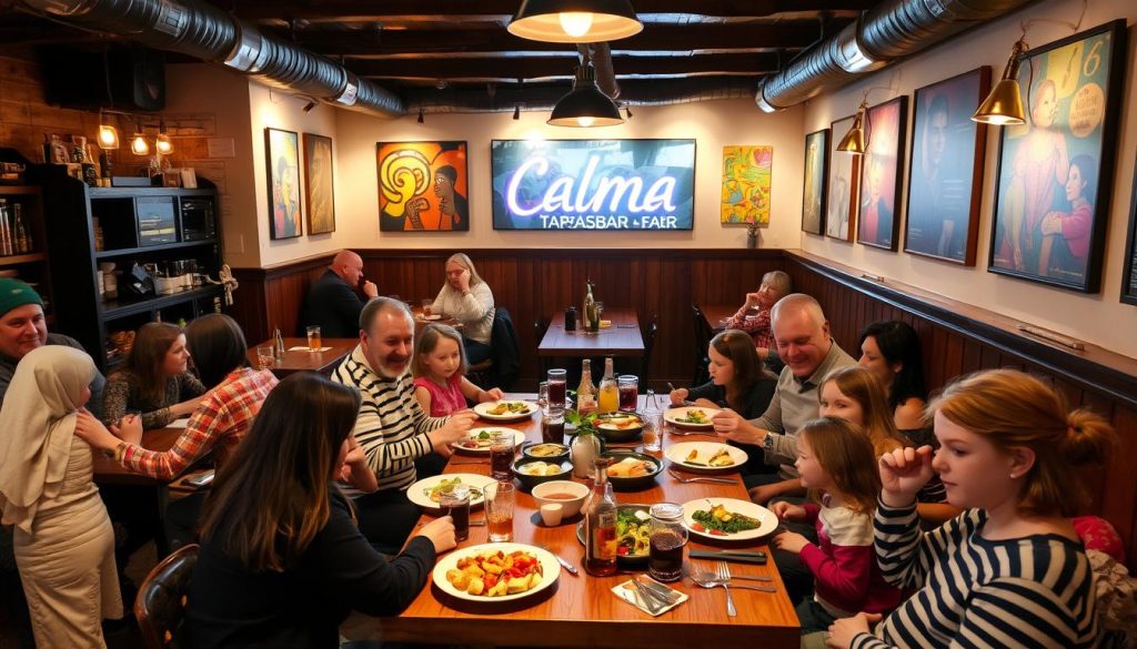 A cozy, family-friendly restaurant in Gothenburg, Sweden, with a warm, inviting atmosphere. The interior features rustic, wooden accents and soft lighting, creating a relaxed ambiance. At the center, a large, communal table is surrounded by smaller, intimate seating areas. The walls are adorned with vibrant, colorful artwork, reflecting the vibrant local culture. In the foreground, a group of adults and children enjoy a lively meal, savoring the delicious, authentic Spanish cuisine from the CALMA TAPASBAR. The overall scene exudes a sense of comfort, community, and genuine hospitality. A cozy, family-friendly restaurant in Gothenburg, Sweden, with a warm, inviting atmosphere. The interior features rustic, wooden accents and soft lighting, creating a relaxed ambiance. At the center, a large, communal table is surrounded by smaller, intimate seating areas. The walls are adorned with vibrant, colorful artwork, reflecting the vibrant local culture. In the foreground, a group of adults and children enjoy a lively meal, savoring the delicious, authentic Spanish cuisine from the CALMA TAPASBAR. The overall scene exudes a sense of comfort, community, and genuine hospitality.