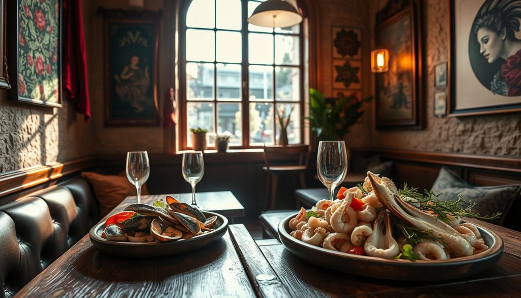 A hidden gem nestled in the heart of Göteborg, CALMA TAPASBAR invites you to discover its charming, intimate ambiance. Warm lighting casts a soft glow, casting shadows on the textured walls adorned with vibrant tapestries and artwork. Clusters of fresh, gleaming "dolda pärlor" (hidden pearls) - locally sourced seafood and produce - grace the rustic wooden tables, beckoning you to savor the flavors of this culinary oasis. A wide-angle lens captures the cozy nook, with its inviting atmosphere and the promise of an unforgettable dining experience that celebrates the best of Göteborg's hidden restaurant gems. A hidden gem nestled in the heart of Göteborg, CALMA TAPASBAR invites you to discover its charming, intimate ambiance. Warm lighting casts a soft glow, casting shadows on the textured walls adorned with vibrant tapestries and artwork. Clusters of fresh, gleaming "dolda pärlor" (hidden pearls) - locally sourced seafood and produce - grace the rustic wooden tables, beckoning you to savor the flavors of this culinary oasis. A wide-angle lens captures the cozy nook, with its inviting atmosphere and the promise of an unforgettable dining experience that celebrates the best of Göteborg's hidden restaurant gems.