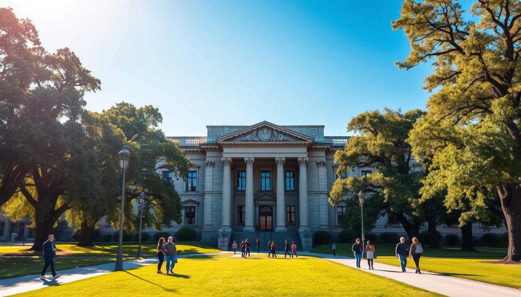 A majestic, neoclassical university building stands tall against a clear blue sky, its regal facade adorned with intricate stone carvings. In the foreground, students stroll along the serene campus paths, their laughter and conversation adding a lively energy to the scene. Towering oak trees line the edges, their verdant leaves casting gentle shadows across the well-tended lawns. The warm, golden light of the sun filters through, illuminating the grand, pillared entryway that beckons visitors to explore the renowned institution of higher learning - Göteborgs universitet, a beacon of academic excellence in the heart of Göteborg. A majestic, neoclassical university building stands tall against a clear blue sky, its regal facade adorned with intricate stone carvings. In the foreground, students stroll along the serene campus paths, their laughter and conversation adding a lively energy to the scene. Towering oak trees line the edges, their verdant leaves casting gentle shadows across the well-tended lawns. The warm, golden light of the sun filters through, illuminating the grand, pillared entryway that beckons visitors to explore the renowned institution of higher learning - Göteborgs universitet, a beacon of academic excellence in the heart of Göteborg.