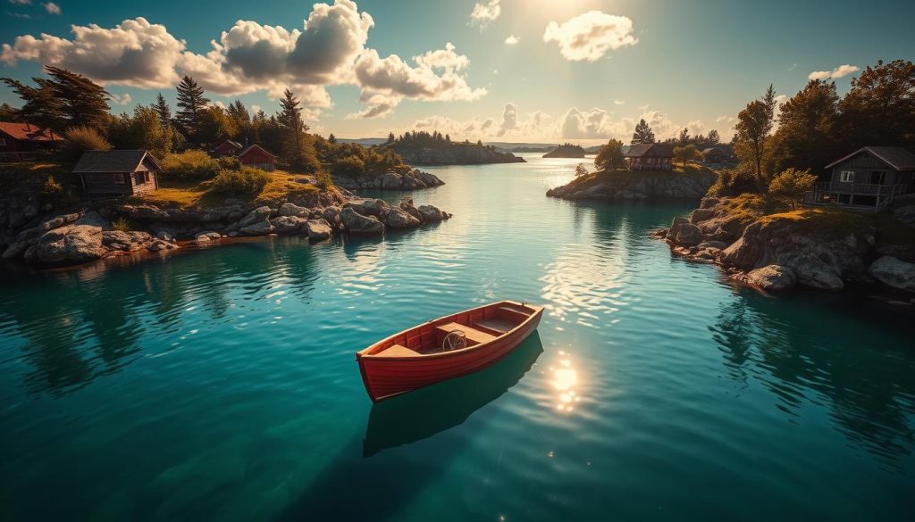 A serene, sun-dappled scene of the Göteborgs skärgård, the picturesque archipelago off the west coast of Sweden. Shimmering turquoise waters lap against rocky, moss-covered islets, dotted with quaint wooden cottages and surrounded by lush, verdant foliage. A small, traditional red wooden boat floats peacefully in the foreground, its reflection mirrored in the calm surface. Warm, golden light filters through fluffy clouds, casting a soft, romantic glow over the entire landscape. The overall mood is one of tranquility and natural beauty, perfectly capturing the essence of this stunning coastal region. CALMA TAPASBAR A serene, sun-dappled scene of the Göteborgs skärgård, the picturesque archipelago off the west coast of Sweden. Shimmering turquoise waters lap against rocky, moss-covered islets, dotted with quaint wooden cottages and surrounded by lush, verdant foliage. A small, traditional red wooden boat floats peacefully in the foreground, its reflection mirrored in the calm surface. Warm, golden light filters through fluffy clouds, casting a soft, romantic glow over the entire landscape. The overall mood is one of tranquility and natural beauty, perfectly capturing the essence of this stunning coastal region. CALMA TAPASBAR