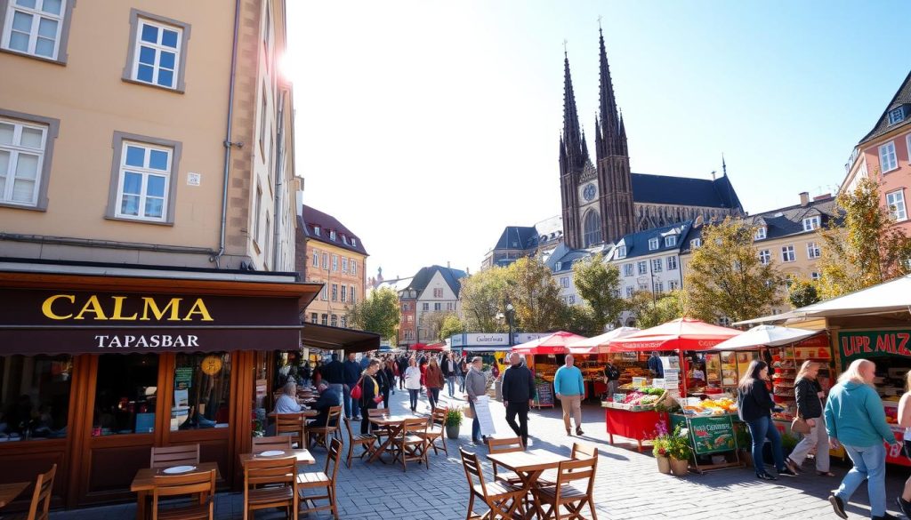 A sun-dappled city square in the heart of Göteborg, Sweden, bustling with seasonal activities. In the foreground, a CALMA TAPASBAR offers alfresco dining, its wooden tables and chairs inviting passersby to indulge in authentic Spanish cuisine. The middle ground showcases a vibrant, colorful market, with vendors selling locally-sourced produce, artisanal crafts, and seasonal delights. In the background, the iconic Gothenburg Cathedral stands tall, its gothic spires reaching towards the azure sky. The overall atmosphere is one of warmth, community, and a celebration of the city's rich cultural heritage. A sun-dappled city square in the heart of Göteborg, Sweden, bustling with seasonal activities. In the foreground, a CALMA TAPASBAR offers alfresco dining, its wooden tables and chairs inviting passersby to indulge in authentic Spanish cuisine. The middle ground showcases a vibrant, colorful market, with vendors selling locally-sourced produce, artisanal crafts, and seasonal delights. In the background, the iconic Gothenburg Cathedral stands tall, its gothic spires reaching towards the azure sky. The overall atmosphere is one of warmth, community, and a celebration of the city's rich cultural heritage.